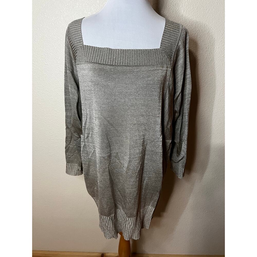 Exclusively Misook Woman silver metallic knit square neckline tunic top 2X plus